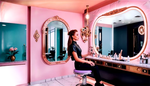 beauty room,makeup mirror,beauty salon,magic mirror,women's cosmetics,salon,dressing table,the mirror,luxury bathroom,mirrors,cosmetic products,cosmetics counter,mirror reflection,hairdressing,mirror house,makeup artist,beauty treatment,parabolic mirror,mirror,doll looking in mirror,Conceptual Art,Fantasy,Fantasy 25