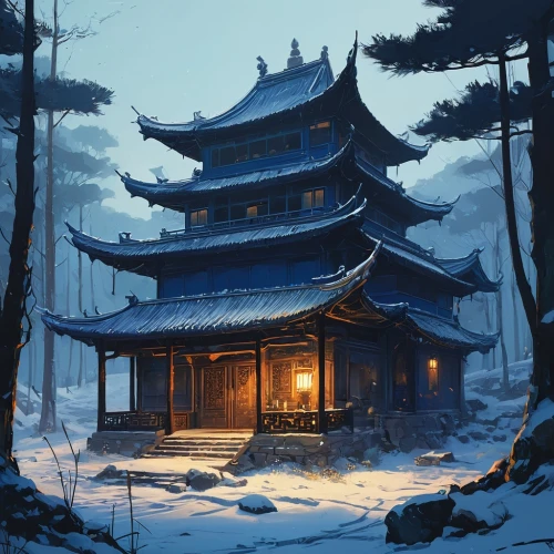 chinese temple,winter house,asian architecture,japanese shrine,korean village snow,chinese architecture,pagoda,blue hour,snow house,tsukemono,the golden pavilion,golden pavilion,south korea,chinese background,yunnan,world digital painting,white temple,shrine,chinese art,oriental,Conceptual Art,Sci-Fi,Sci-Fi 01