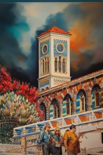 church painting,santiago di cuba,haiti,oktoberfest background,nicaraguan cordoba,clock tower,khokhloma painting,oil painting on canvas,city unesco heritage trinidad cuba,mindanao,art painting,san cristobal,meticulous painting,oil painting,antigua guatemala,mural,manila galleon,queretaro,the market,painting technique,Illustration,Paper based,Paper Based 04