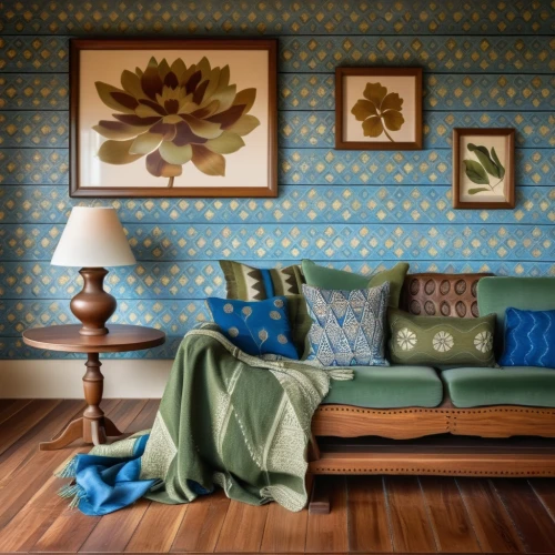 vintage wallpaper,blue pillow,turquoise wool,patterned wood decoration,yellow wallpaper,sitting room,children's bedroom,intensely green hornbeam wallpaper,color turquoise,danish room,blue room,interior decor,sofa,sofa set,bedroom,lemon wallpaper,turquoise leather,green wallpaper,hydrangea background,antique background,Photography,General,Realistic