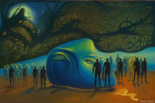 surrealism,el salvador dali,the blue caves,dali,blue cave,psychedelic art,mirror of souls,buddha,shamanism,blue elephant,consciousness,blue caves,shamanic,emancipation,oil painting on canvas,audience,self unity,migration,devotees,global oneness,Illustration,Realistic Fantasy,Realistic Fantasy 03