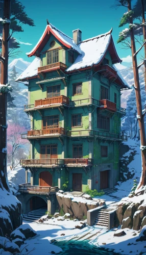 ski resort,winter house,house in the mountains,house in mountains,alpine village,ryokan,winter village,holiday complex,snowhotel,the cabin in the mountains,house in the forest,apartment complex,aurora village,apartment house,mountain settlement,apartment building,ski station,tsukemono,snow roof,winter background,Illustration,Japanese style,Japanese Style 03