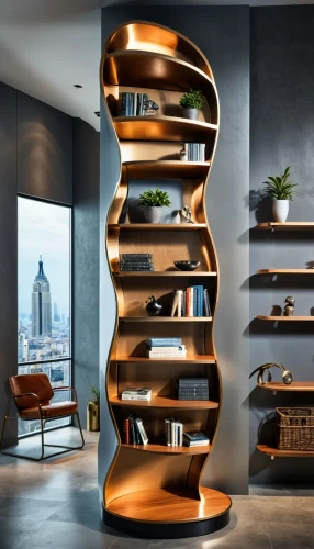 bookcase,bookshelf,shelving,spiral staircase,bookshelves,corten steel,wooden shelf,dna helix,wine rack,helix,modern decor,spiral stairs,winding staircase,circular staircase,penthouse apartment,shelves,plate shelf,contemporary decor,bookend,room divider