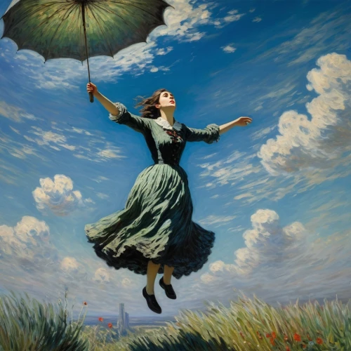 mary poppins,flying dandelions,flying girl,little girl in wind,leap for joy,flying seed,overhead umbrella,flying seeds,parachute fly,fairies aloft,gone with the wind,gracefulness,tightrope walker,flying,parachutist,fly a kite,girl lying on the grass,flying heart,leaping,parachuting,Art,Artistic Painting,Artistic Painting 04