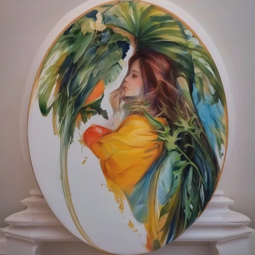glass painting,painted eggshell,painting easter egg,girl in a wreath,art nouveau,bird of paradise,decorative plate,floral and bird frame,wall painting,broken egg,decorative art,hand-painted,art nouveau frame,heart of palm,murano,hand painting,vase,fire screen,flower painting,flora,Illustration,Paper based,Paper Based 04