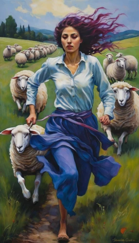 east-european shepherd,the good shepherd,shepherd,good shepherd,sheep shearer,shepherd romance,shepherds,goatherd,the sheep,shepherd dog,oil painting on canvas,woman of straw,lapponian herder,peruvian women,farmer,woman walking,flock of sheep,bohemian shepherd,khokhloma painting,sheep-dog,Illustration,Realistic Fantasy,Realistic Fantasy 30