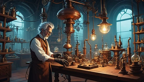 clockmaker,candlemaker,watchmaker,apothecary,alchemy,tinsmith,chemist,potions,sci fiction illustration,merchant,inventor,scientific instrument,chemical laboratory,distillation,formula lab,librarian,laboratory,researcher,alessandro volta,oil lamp,Conceptual Art,Daily,Daily 20