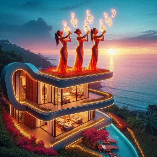 house with caryatids,menorah,electric tower,luxury real estate,beachhouse,beach house,sky apartment,luau,scandia gnomes,holiday villa,real-estate,3d fantasy,acapulco,chucas towers,holiday complex,fire artist,modern architecture,cabana,luxury hotel,fire place