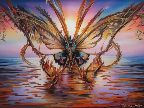 amano,fantasy art,flame spirit,shamanic,fire angel,aporia,el salvador dali,shamanism,psychedelic art,lake of fire,dragon fire,nine-tailed,dancing flames,trioceros,fire dance,phoenix,phoenix boat,oil painting on canvas,fire artist,god of the sea,Illustration,Paper based,Paper Based 04