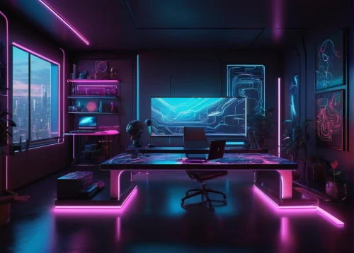 computer room,cyberpunk,study room,ufo interior,desk,neon coffee,computer desk,creative office,modern office,working space,aesthetic,80's design,game room,vapor,cyber,modern room,neon,3d background,office desk,neon lights,Art,Artistic Painting,Artistic Painting 40