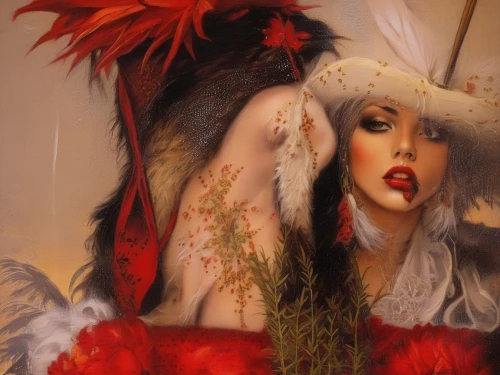 feather headdress,faery,headdress,fantasy art,showgirl,the carnival of venice,queen of hearts,red spider lily,faerie,geisha girl,red hat,amaryllis,fantasy woman,songbird,lady in red,fashion illustration,fantasy portrait,red riding hood,western red lily,the hat of the woman,Illustration,Realistic Fantasy,Realistic Fantasy 10