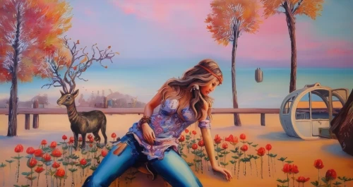 girl picking flowers,girl in flowers,girl with tree,woman playing,woman walking,girl walking away,girl in the garden,girl with gun,girl in a long,girl on the dune,art painting,woman holding gun,meadow in pastel,flower painting,girl picking apples,springtime background,girl with a gun,photo painting,beautiful girl with flowers,boho art,Illustration,Paper based,Paper Based 04