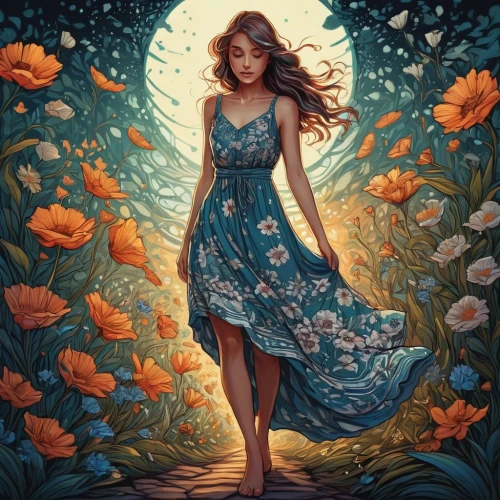 girl in flowers,girl in a long dress,girl in the garden,a girl in a dress,falling flowers,flora,girl picking flowers,rosa ' amber cover,springtime background,mystical portrait of a girl,cinderella,beautiful girl with flowers,floral dress,fantasy portrait,girl in a wreath,sea of flowers,girl with tree,scattered flowers,blooming field,field of flowers,Illustration,Realistic Fantasy,Realistic Fantasy 25