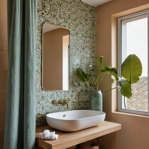 luxury bathroom,clay tile,gold stucco frame,spanish tile,ceramic tile,bathroom,tiled wall,almond tiles,intensely green hornbeam wallpaper,wall plaster,stone sink,contemporary decor,modern minimalist bathroom,stucco frame,bathroom cabinet,washbasin,bathtub accessory,sand-lime brick,search interior solutions,floral and bird frame,Photography,General,Realistic