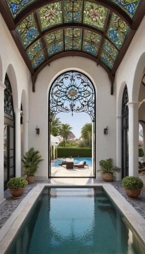 moroccan pattern,pool house,morocco,spanish tile,cabana,stucco ceiling,persian architecture,holiday villa,beautiful home,mediterranean,symmetrical,riad,courtyard,roof lantern,pergola,outdoor pool,luxury home interior,glass tiles,swimming pool,leaded glass window,Photography,General,Realistic