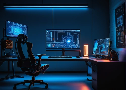 computer room,computer workstation,computer desk,blur office background,blue light,night administrator,fractal design,working space,desk,visual effect lighting,desktop computer,creative office,cinema 4d,workspace,modern office,work space,secretary desk,workstation,blue room,computer art,Art,Artistic Painting,Artistic Painting 51