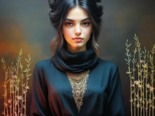 fantasy portrait,abaya,miss circassian,fantasy art,victorian lady,mystical portrait of a girl,sorceress,world digital painting,fantasy picture,oriental princess,ancient egyptian girl,the enchantress,gothic portrait,geisha girl,islamic girl,fantasy woman,portrait background,romantic portrait,digital painting,arabian,Illustration,Paper based,Paper Based 04