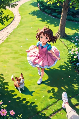 little girl running,stroll,walk in a park,little girl in pink dress,frolicking,studio ghibli,little girls walking,little girl in wind,walk,playing outdoors,chasing butterflies,strolling,girl picking flowers,running,summer day,child in park,picking flowers,in the park,running dog,springtime,Anime,Anime,Traditional