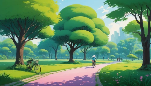 bicycle path,bicycle ride,bike path,walk in a park,bicycle lane,bike ride,bicycling,background vector,springtime background,bicycle,cartoon forest,bicycle riding,green forest,backgrounds,landscape background,pathway,cycling,biking,stroll,summer day,Illustration,Japanese style,Japanese Style 05