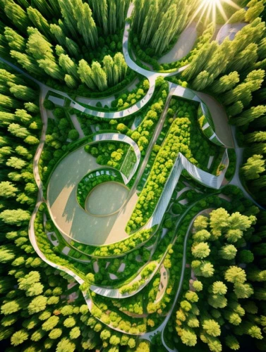 forest ground,golf resort,aerial landscape,tree top path,eco-construction,green forest,golf landscape,futuristic landscape,tree tops,green landscape,winding road,corkscrew,baseball diamond,greenforest,aaa,green space,feng shui golf course,environmental art,nürburgring,winding roads