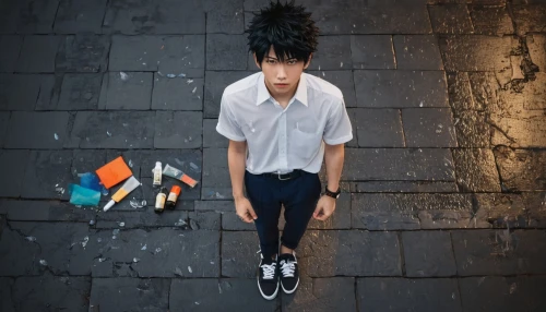 isolated t-shirt,pedestrian,noodle image,2d,a pedestrian,skater,conceptual photography,punk,asian umbrella,pompadour,holding shoes,yukio,stylograph,noodle,photo session in torn clothes,vynil,sakana,exploding head,falling objects,vlc,Unique,Design,Knolling
