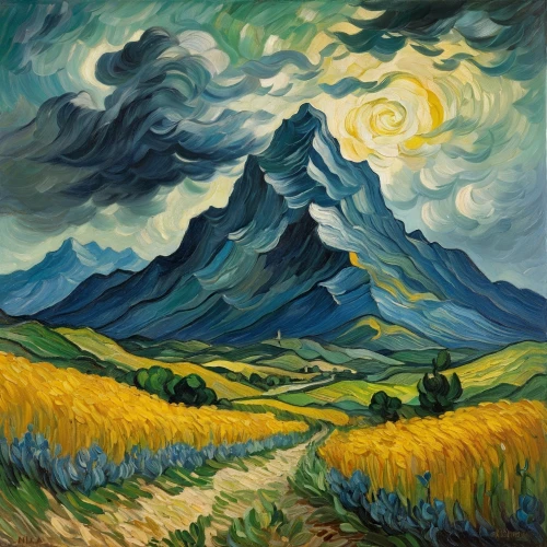 mountain landscape,mountain scene,mountainous landscape,yellow mountains,landscape background,vincent van gogh,the landscape of the mountains,high landscape,mountains,rural landscape,vincent van gough,post impressionism,wheat field,landscape,mountain pasture,high mountains,mountain,oil on canvas,volcanic landscape,farm landscape