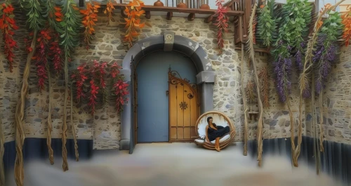 woman praying,empty tomb,harp with flowers,creepy doorway,praying woman,church door,background with stones,garden door,doorway,bach flower therapy,girl praying,the annunciation,the door,portal,flower booth,holy place,mortuary temple,digital compositing,church painting,holy places,Illustration,Paper based,Paper Based 04