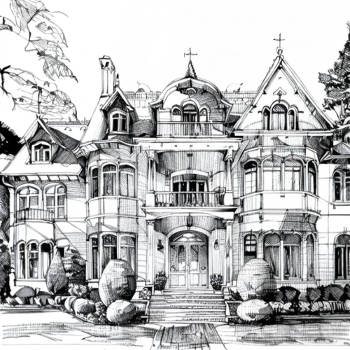 house drawing,mansion,villa balbianello,bendemeer estates,villa,garden elevation,houses clipart,stone palace,hand-drawn illustration,chateau,villa balbiano,witch's house,victorian,manor,victorian house,large home,stone houses,villas,two story house,palace,Design Sketch,Design Sketch,Hand-drawn Line Art
