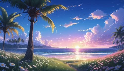 summer background,honolulu,dream beach,beach scenery,tropical sea,landscape background,palmtrees,beach landscape,ocean background,tropical beach,ocean paradise,idyllic,ocean,paradise beach,palm trees,beautiful beach,dusk background,ocean view,mountain beach,tropics,Illustration,Japanese style,Japanese Style 05