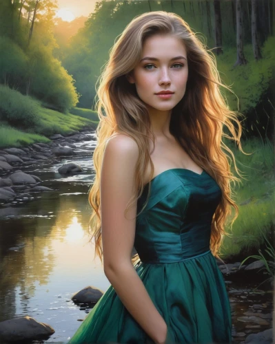 girl on the river,the blonde in the river,celtic woman,oil painting on canvas,oil painting,water nymph,girl in a long dress,romantic portrait,mystical portrait of a girl,fantasy portrait,young woman,world digital painting,photo painting,landscape background,art painting,fantasy art,celtic queen,fantasy picture,green landscape,beautiful young woman,Illustration,Paper based,Paper Based 05