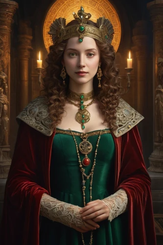 celtic queen,queen anne,elizabeth i,cepora judith,angelica,caerula,tudor,merida,gothic portrait,artemisia,almudena,catarina,queen of hearts,portrait of christi,vestment,priestess,lacerta,imperial crown,eufiliya,fantasy portrait,Illustration,Realistic Fantasy,Realistic Fantasy 33