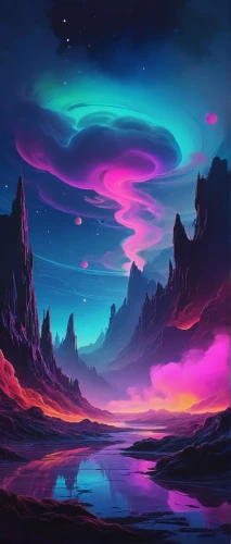 fantasy landscape,purple landscape,futuristic landscape,vast,landscape background,alien planet,dusk background,alien world,colorful background,aurora colors,vapor,acid lake,aurora borealis,desert landscape,barren,dusk,unicorn background,night glow,dune landscape,sky,Conceptual Art,Graffiti Art,Graffiti Art 06