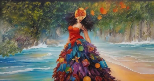 oil painting on canvas,oil painting,girl in a long dress,girl with tree,art painting,flamenco,boho art,oil on canvas,fabric painting,colorful tree of life,orange tree,girl on the river,photo painting,painted tree,oil paint,oil pastels,italian painter,tropical sea,tropical tree,girl in a long dress from the back,Illustration,Paper based,Paper Based 04