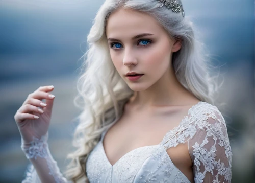 white rose snow queen,elsa,white winter dress,bridal veil,blonde in wedding dress,ice queen,bridal dress,the snow queen,silver wedding,bridal,bridal clothing,winterblueher,wedding dress,elven,romantic portrait,bride,white beauty,tiara,rapunzel,white lady,Illustration,American Style,American Style 04