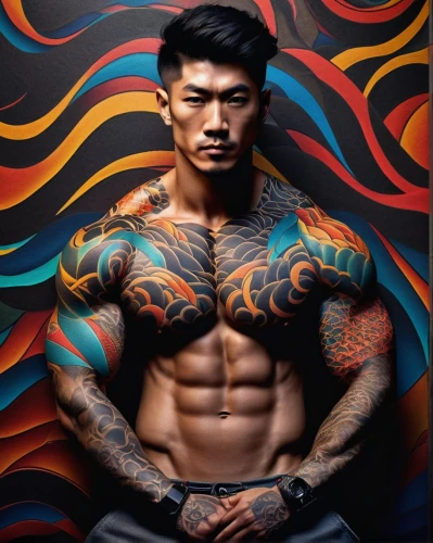 kai yang,janome chow,han thom,asian tiger,asian vision,filipino,tai qi,tan chen chen,dragon li,su yan,choi kwang-do,dai pai dong,neon body painting,kaew chao chom,miyeok guk,tattooed,korean,body building,xing yi quan,asian,Illustration,Japanese style,Japanese Style 10