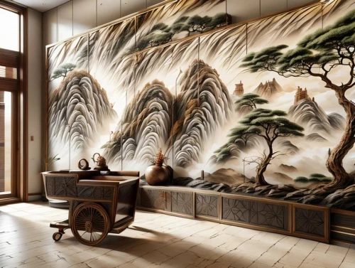 japanese-style room,oriental painting,japanese art,bamboo curtain,chinese art,ryokan,wall painting,wall decoration,patterned wood decoration,wooden wall,chinese style,luxury bathroom,oriental,japanese patterns,junshan yinzhen,japanese style,chinese screen,silk tree,wall plaster,interior decor
