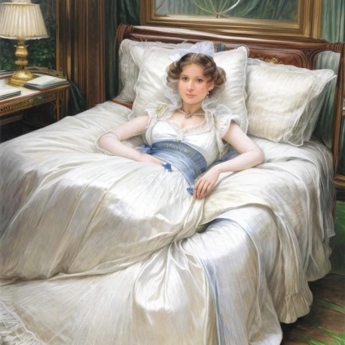 woman on bed,girl in bed,emile vernon,the girl in nightie,jane austen,portrait of a girl,bed linen,blue pillow,cinderella,bed,nightgown,girl in a historic way,la violetta,debutante,july 1888,young woman,girl in a long,girl in cloth,portrait of a woman,mary pickford - female