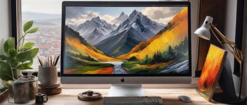 imac,mountain scene,apple desk,world digital painting,blur office background,autumn mountains,mountain landscape,mac pro and pro display xdr,digital painting,apple mountain,painting technique,mountains,apple frame,macintosh,mountainous landscape,elphi,pencil frame,computer monitor,desk top,workspace,Photography,Artistic Photography,Artistic Photography 06
