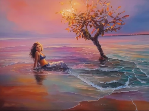girl with tree,oil painting on canvas,oil painting,mangroves,art painting,sea landscape,girl on the river,girl with a dolphin,oil on canvas,water nymph,mermaid background,beach landscape,orange tree,sea breeze,landscape with sea,eastern mangroves,the girl next to the tree,seascape,painting technique,sea-shore,Illustration,Paper based,Paper Based 04