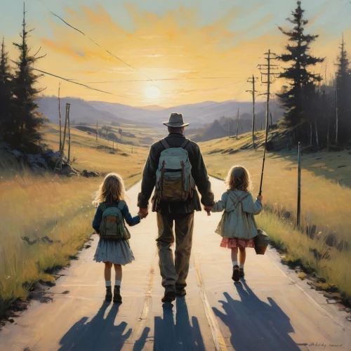 walk with the children,travelers,oil painting on canvas,pilgrims,hikers,father and daughter,little boy and girl,oil painting,little girls walking,father with child,father,country road,girl and boy outdoor,father daughter,going home,pedestrian,mother and father,oil on canvas,pilgrim,pilgrimage,Conceptual Art,Fantasy,Fantasy 10