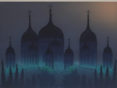 ice castle,basil's cathedral,haunted cathedral,the kremlin,mystery book cover,fantasy city,ghost castle,spire,kremlin,saint basil's cathedral,castles,backgrounds,dusk background,transistor,mist,mosques,minarets,under the moscow city,dense fog,fairy tale castle,Illustration,Black and White,Black and White 08