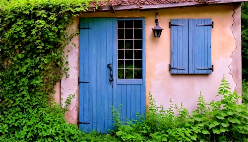 french windows,giverny,fairy door,window with shutters,blue door,garden door,blue doors,garden shed,wooden shutters,wooden windows,miniature house,old door,old windows,shutters,france,row of windows,home door,provence,little house,small house,Illustration,Paper based,Paper Based 10