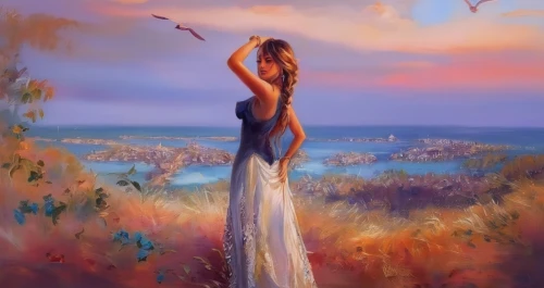 fantasy picture,fantasy art,mermaid background,girl in a long dress,world digital painting,art painting,landscape background,photo painting,sea breeze,oil painting on canvas,oil painting,girl in a long,girl on the dune,romantic portrait,girl with a dolphin,boho art,girl in a long dress from the back,fineart,fairies aloft,summer evening,Illustration,Paper based,Paper Based 04