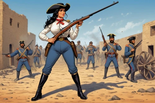 american frontier,girl with a gun,tower flintlock,girl with gun,gunfighter,flintlock pistol,woman holding gun,rifle,mariachi,revolvers,rangers,musketeer,game illustration,liberty cotton,western riding,santa fe,colonial,holding a gun,western,reenactment,Illustration,Retro,Retro 09