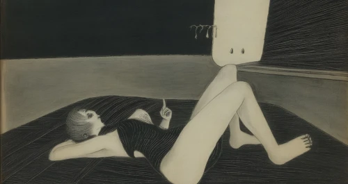 woman sitting,woman laying down,woman on bed,woman's legs,pierrot,girl lying on the grass,chaise,girl in a long,effigy,advertising figure,surrealism,dali,depressed woman,stieglitz,olle gill,self-portrait,woman in the car,surrealistic,girl sitting,lounger,Illustration,Black and White,Black and White 23