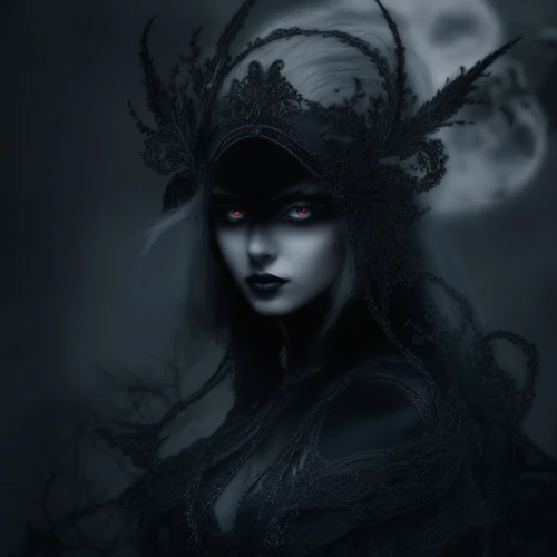 fantasy portrait,dark elf,the enchantress,black hat,the witch,dark art,witch hat,dark portrait,witch's hat,gothic woman,sorceress,mystical portrait of a girl,rusalka,faerie,the hat of the woman,vampire lady,witch,fantasy art,huntress,dryad,Illustration,Realistic Fantasy,Realistic Fantasy 46