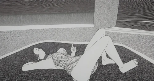 mari makinami,woman laying down,woman on bed,shirakami-sanchi,chalk drawing,girl on the stairs,frame drawing,paper art,the girl is lying on the floor,woman's legs,geometric body,woman sitting,book illustration,han thom,depressed woman,woman thinking,chalk outline,girl in bed,on the ceiling,the girl studies press,Illustration,Black and White,Black and White 21
