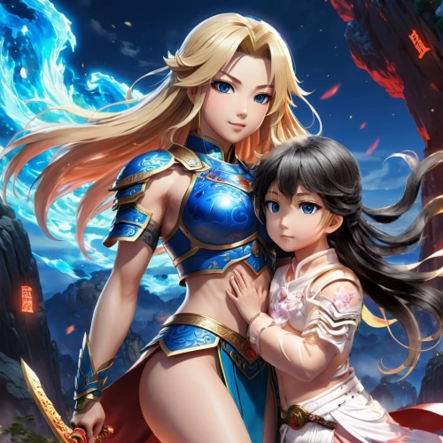 meteora,game illustration,alibaba,fantasy picture,cg artwork,monsoon banner,sun and moon,fantasy art,lux,fantasia,nami,mother and daughter,amano,3d fantasy,fairy world,show off aurora,world digital painting,water-the sword lily,moon and star,elza