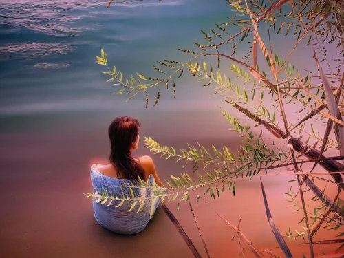 girl on the river,mermaid background,calm water,calm waters,tranquility,on the shore,blue waters,photo manipulation,world digital painting,girl with tree,photo art,photomanipulation,fantasy picture,by the sea,idyll,contemplation,photo painting,solitude,immersed,underwater background,Illustration,Paper based,Paper Based 04