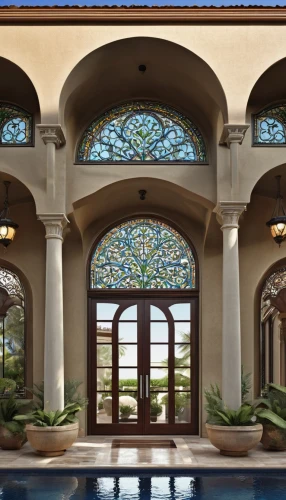 spanish tile,persian architecture,glass tiles,stucco ceiling,moroccan pattern,leaded glass window,pool house,art nouveau design,stucco frame,stucco wall,luxury property,luxury home interior,ceramic tile,riad,emirates palace hotel,ceramic floor tile,almond tiles,hacienda,courtyard,spa water fountain,Photography,General,Realistic